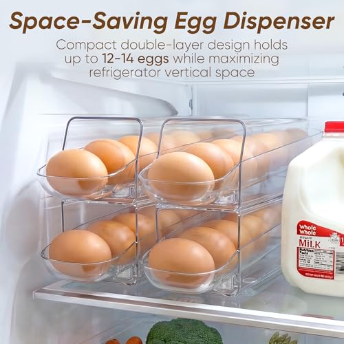 theaoo Auto Rolling Egg Dispenser for Refrigerator with Quick Removable Inner Tray, Space-Saving Egg Organizer and Holder, Egg Storage Container for Fridge, Easy to Load and Grab Eggs (1 Pack)