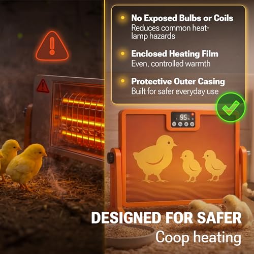 Chicken Coop Heater with New Technology Far-Infrared Heating - Adjustable Radiant Panel for Chicks, Fire-Safe Coop Heater, Brooder-Compatible, Wall-Mount or Floor-Standing, 86–194°F