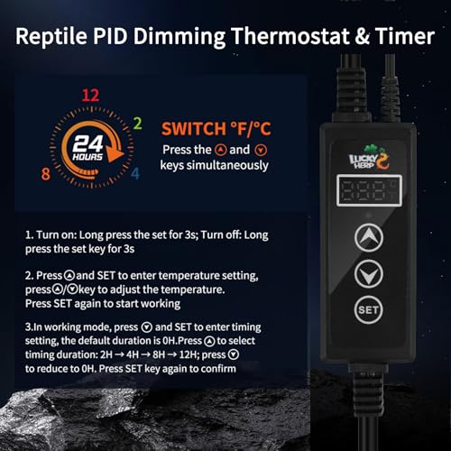 LUCKY HERP Reptile Dimming Thermostat, PID Heat Lamp Temperature Controller with LED Digital Screen for Reptile Heat Lamp Heat Mat & Heaters, Support ℉/℃, Memory Function