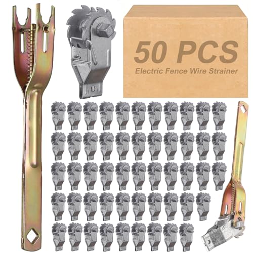 Electric Fence Wire Strainer, Heavy Duty Inline Wire Tensioner, 50PCS Wire Ratchet Tensioner and 1PCS Handle for Electric Fence, Farm Fence