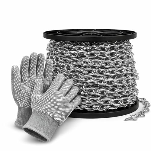 Jack Chain for Hanging, 2mm Thick Steel Chain, 65ft | Small Chain Utility Chain for Home Outdoor Camping, Heavy Duty Chain for Hanging Baskets, Plants,Includes Gloves. - size: 65 Ft