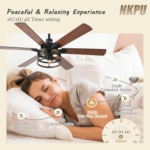 NKPU 52 Inch Farmhouse Ceiling Fan with Light and Remote, Brown Industrial Caged Rustic Ceiling Fan with 6 Speed Reversible Motor and Dual Finish 6 Blades, Rustic Ceiling Fan for Living - color: Brown
