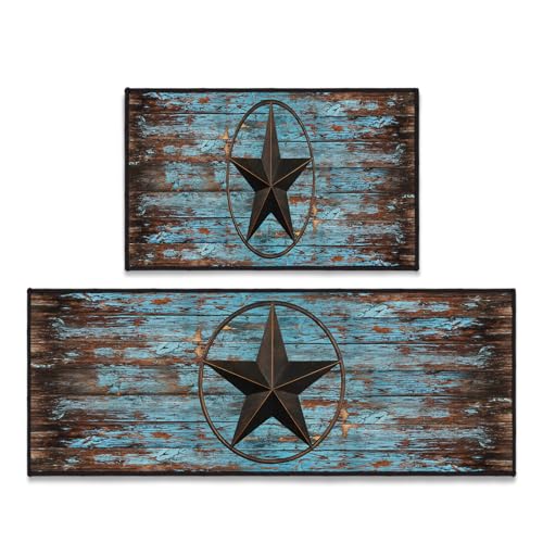 Western Kitchen Rug Set of 2,Anti Fatigue Mats for Kitchen Floor,Barn Texas Star on Old Wooden Plank Rustic Country Farmhouse Kitchen Mat Vintage Floor Mats Non Slip Washable Kitchen Rugs Runner,Teal