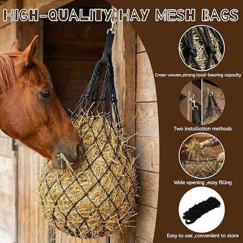 3 Pcs 47" Hay Nets for Horses with Straps & Hooks | Slow Feed Hay Bags for Horses, Hanging Hay Net Feeder, Heavy Duty, For Stall, Fence, Trailer, Goats & Sheep