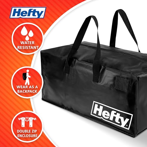 Hefty Moving Bag – Extra Large Double Zipper Backpack – Heavy Duty, Water Resistant, Foldable, Reusable Packing & Storage Tote with Shoulder Straps for Garage and Basement Organization – 2 Pack - size: 11 Gal - Moving Bag