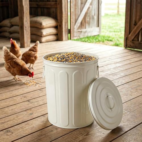 Plexon 5 Gallon Small Metal Trash Can with Lid Outdoor Galvanized Steel Bucket with Lid 5 Gal Storage Can for Dog Food Bird Seed Storage Container, Off-White - color: Off-White
