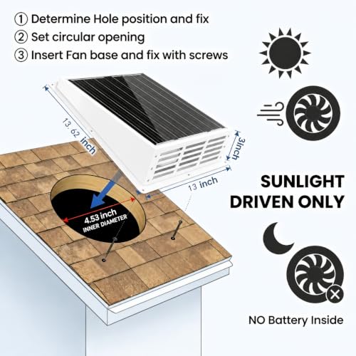 25W Solar Roof Fan,12V Monocrystalline Panel, Solar Power Attic Vent for Chicken Coop, Greenhouse, Shed, Garage and RV, Easy Install，White - color: White