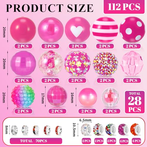 28 Pcs Chunky Bubblegum Beads and 84 Pcs Large Hole Spacer Beads | Total 112 Pcs Beads for Pens, 16/17/20mm Focal Bead for Beadable Pens, Large Beads for Jewelry Making Keychain - color: Rose red