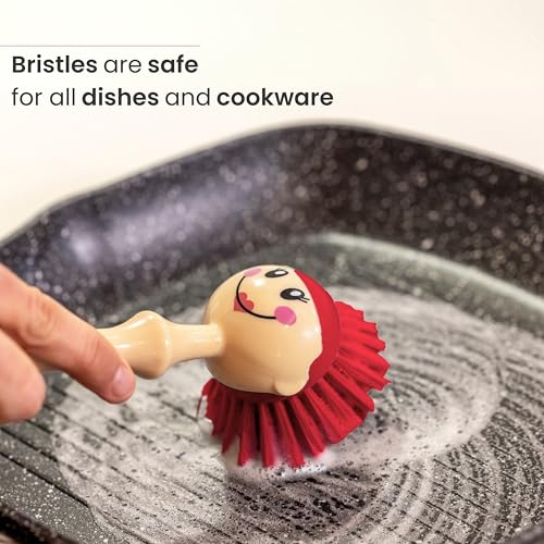 Vigar Dolls Dish Brush with Holder for Dishes - Green, Red | Dish Scrubber, Kitchen Scrub Brush, Dishwashing Brush Tool for Kitchen Sink Cleaning, Cute Standing Design - color: Green, Red