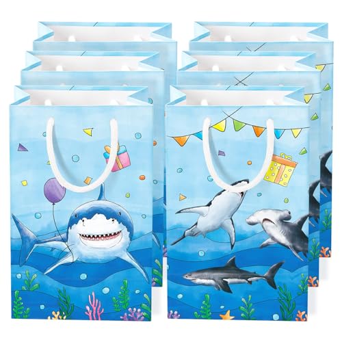 WERNNSAI 16 PCS Blue Shark Party Favor Bags Shark Goodie Bags | Shark Birthday Party Gift Bags with Handles, Under The Sea Ocean Party Supplies, Goodie Bags for Kids Boys Baby Shower - color: Blue Shark B