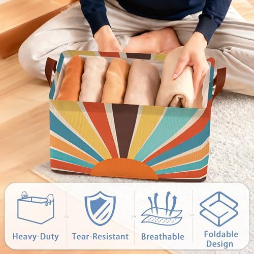 Boho Abstract Sun Collapsible Storage Box,Geometric Organizer Bin with Handles for Room Decoration,Bins Book Basket Box 17x11.5x10Inch - color: Boho Abstract Sun Geometric