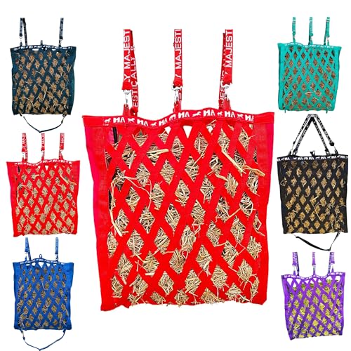 Majestic Ally Double Side Open Slow Feeder Hay Bag - Diamond Shaped Obliquely Placed Webbing (Red) - color: Red