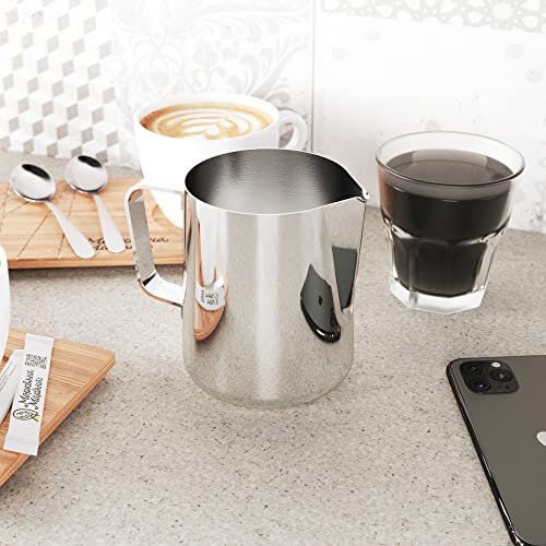 Milk Frothing Pitcher 20oz — Stainless Steel Latte Art Cup | 600ml capacity, internal measurement marks, and narrow pour spout for home espresso, cappuccino, and lattes.