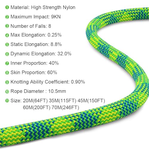 X XBEN 10.5 mm UIAA Dynamic Climbing Rope 20M(65FT), Safety Nylon Kernmantle Rope for Rock Climbing, Tree Climbing, Ice Climbing, Rappelling, Rescue and Arborist Climbing - size: Dynamic - 20M(65 Foot)