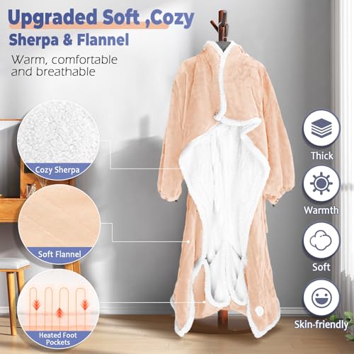Wearable Heated Blanket with Foot Pocket, Electric Wearable Throw Blanket with Sleeves, Hood, Portable Heated Blanket with 8 Heat Settings, 1-10 Hours Auto Shut-off, Gift for Family, Friends, 50*70" - color: Beige