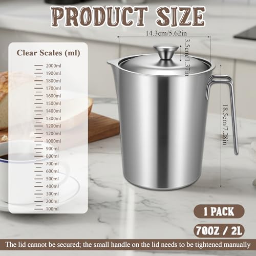 304 Stainless Steel Pitcher with Lid, 70 oz / 2L Measuring Cup | Large Mouth Graduated Beakers with Marking and Handle, Metal Milk Frothing Jug for Espresso Machine, Hot & Cold Water