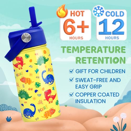 Dinosaur Kids Water Bottle - 12 Oz Insulated Stainless Steel - Straw Lid for Toddlers & Kids - School & Sports Travel Cup - color: Dinosaur 2