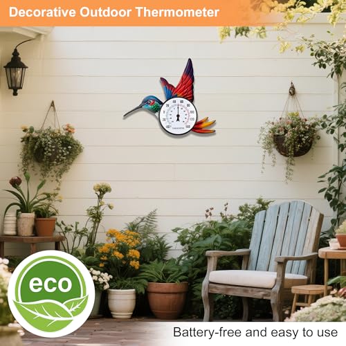 Indoor Outdoor Thermometer, Large Wall Hummingbird Thermometer Hygrometer No Need Battery, Easy to Read Decorative Outside Thermometer for Patio, Garden，Yard