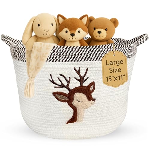 Deer Baby Storage Basket, Woven Cotton Rope Nursery Bin, 15x11 in | Stuffed Animal and Blanket Storage, Soft Felt Deer Patch, Woodland Nursery Decor, Kids Playroom Organizer - color: Deer