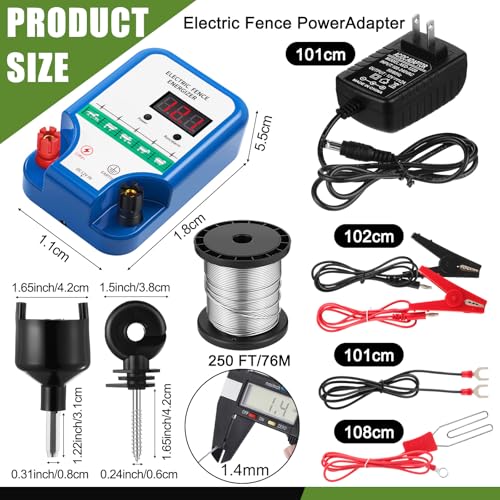 Electric Fence Kit, 8 Mile 12kV 2J Electric Fence Charger AC/DC Powered with 50 Insulators, Socket Tool, 250ft Aluminum Wire for Livestock Control(LCD Display Ver.,Blue) - style: LCD Display Ver