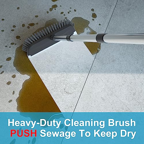 Floor Scrub Brush with 55" Long Handle, 10" Wide Stiff Bristles Deck Brush, Stainsless Steel Pole Heavy-Duty Cleaning Brush, 2-in-1 Scrubber with Ruber Squeegee for Deck, Patio, Pool, Tile, Wall