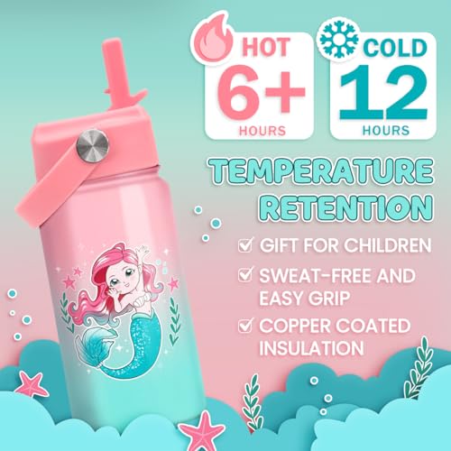 SANDJEST Mermaid Water Bottle for Girls - Kids Water Bottle with Straw Lid - 12 Oz Insulated Stainless Steel Water Bottles - Travel Cup for School Sports - color: Mermaid 2