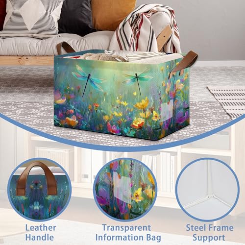 Dragonfly Storage Basket,Flower Collapsible Storage Bin Cubes for Living Room Bedroom Blankets Home Storage 17x11.5x10Inch - color: Dragonfly Flower