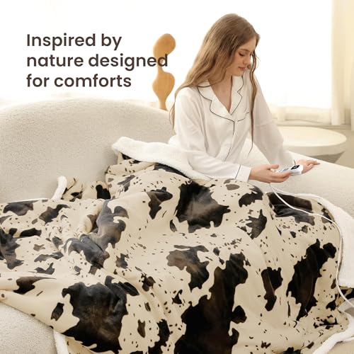 Heated Blanket Twin Blanket - Fast Heating Electric Blanket, Soft Heated Throw with 4 Time Settings,10 Heating Settings, Warm Gifts for Women Mom Grandma(62" x 84" Cow Print Light Brown) - color: 03 - Brown Ombre-beige, size: Twin 62" x 84"
