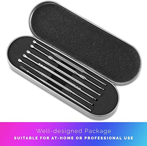Stainless Steel Ear Curette Cleansing Kit - 6 Piece Set with Spiral Spring Pick Unclogger, Thorough Ear Wax Removal and Storage Case