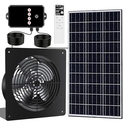 10-Inch 15W Solar Fan with Timer & Remote, Reversible Intake Exhaust Vent System for Chicken Coop, Greenhouse & Shed, Aluminum 6-Speed Airflow with 17ft Cable