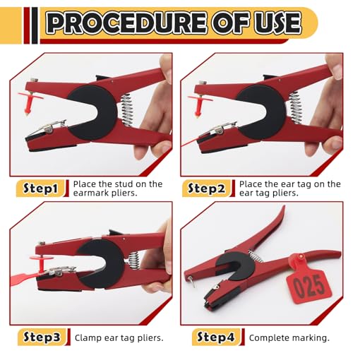 Cattle Ear Tags 001-300, 300Pcs Plastic Livestock Ear Tag for Cows Goats Sheep Pigs with Pliers Applicator & 2 Pins, Animal ID Tags for Ranch Farm Herd Tracking, Laser Print (001-300, Red) - color: Red