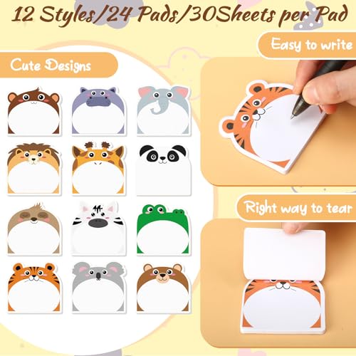 Yinder 24 Pads Safari Animal Sticky Notes Fun Kawaii Memo Self Stick | Animal Shape Design, School Office Bulk, Students Teachers Veterinary, Party Favor Tabs Back to School Supplies - style: Safari Animals