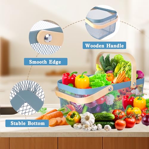 2 Pack Garden Harvest Basket, Metal Mesh Wire Picnic Basket with Handle | for Picnic, Vegetable Gathering, Fruit Picking, Kitchen Storage, Blue, Sturdy, Lightweight, Home Closet, Office, Gift. - color: Blue