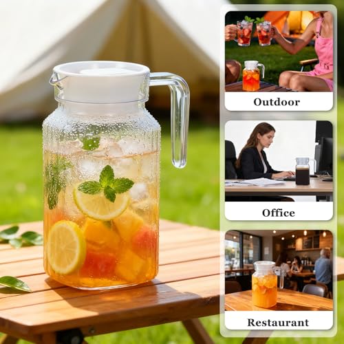 20oz Small Slim Plastic Pitcher with Lid (600ml) - Shatterproof Acrylic Water Pitcher for Fridge Door - Clear Striped Plastic Juice Pitcheres & Cocktail Shaker Carafe with Handle