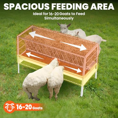 92 Gallon Steinless Steel Goat Hay Feeder，2-in-1 Design with 62 Gal Top Hay Feeder and 30 Gal Base Trough，Corrosion Resistant Livestock Feeder for Barns, Pastures, Farms