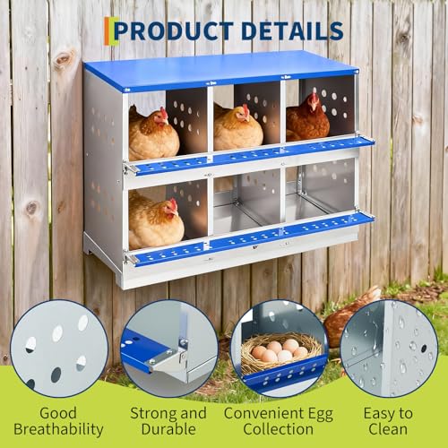 50.39" Metal Chicken Nesting Box, 4-Compartment Poultry Nest Box with Perch and Ventilation Holes, Blue Roof Hen Laying Box for Up to 8 Chickens - color: Blue A, size: 37.8"L x 18.9"W x 28.0"H
