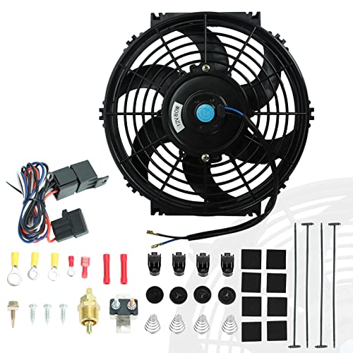 10" Universal Slim Fan Push Pull Electric Radiator 12V 80W High Performance Cooling Fan with Thermostat Wiring Switch Relay Mount Kit Black - size: 10 Inch
