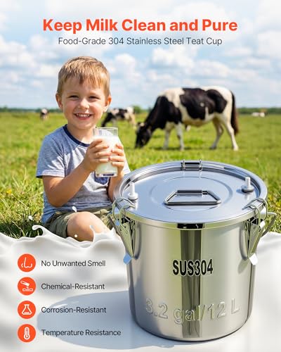 VEVOR Goat Milking Machine, 3.2 Gal / 12 L Food-Grade Stainless Steel Bucket, 4 Teat Cups for Cows and Goats, with 8000 mAh Rechargeable Battery, Electric Pulsation Milking Machine Portable Milker - size: 12L+Portable