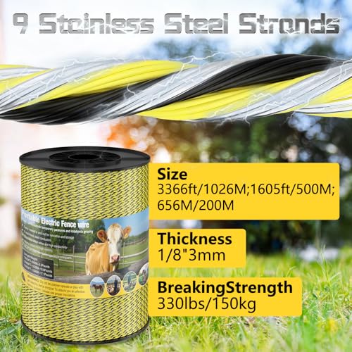 Electric Fence Wire 3366FT, 1026M with 9 Stainless Steel Stands | Electric Fencing Wire Rope Kit for Livestock, Garden, Squirrels, Reliable Conductivity and Rust Resistance