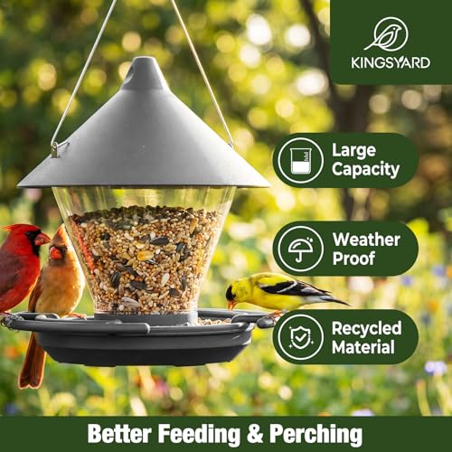 Kingsyard Wild Bird Feeder for Outdoors Hanging | No-Spill Seed Tray, Circular Perch with 360° Feeding, 4 lb Large Capacity, Attracts Cardinals Finches Chickadees, Grey - color: Gray