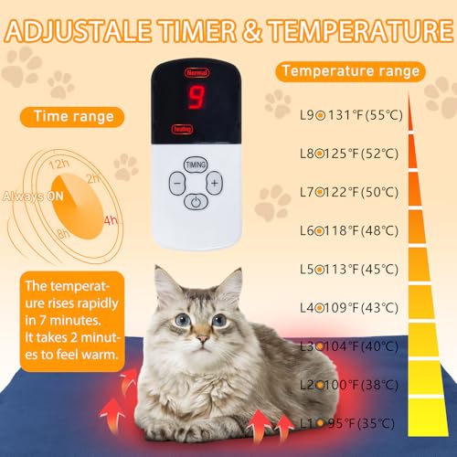 Dog Heating Pad Outdoor 28×18in with Adjustable 9 Temp Setting & Timer | Heated Dog Bed Indoor for Cats, Warming Waterproof, Chew Resistant Cord, Replacement Cover for Puppy Kitten