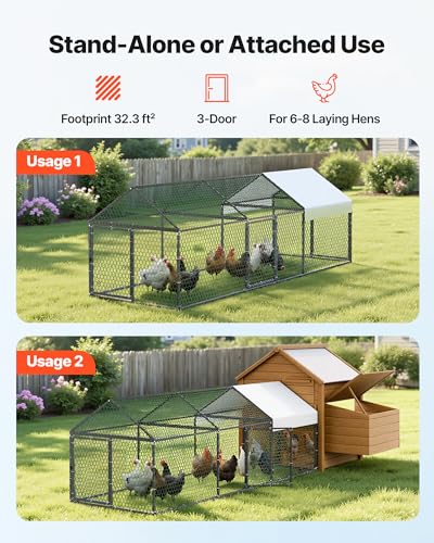 VEVOR Metal Chicken Coop for 6-8 Chickens, 3.3 x 9.8 x 3.3 ft, Small Chicken Cage with Waterproof Cover & 3 Doors, Spire Roof Poultry Run Compatible with Wooden Coops, for Rabbit Hen Goose Duck