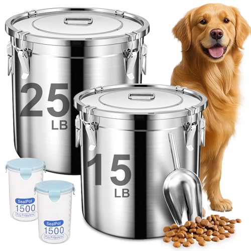 Newget 38lb Airtight Stainless Steel Dog Food Storage Container with Scoop | Large Metal Pet Food Containers Set with Sealed Lid, Metal Lock for Easy Open and Close, Keeps Fresh for Cat / Dog Food - size: 38 lb