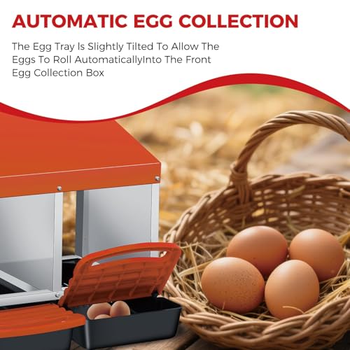 Galvanized Steel Chicken Nesting Box 3 Compartment with Pull Out Tray, Roll Away Nest Boxes for Laying Hens Egg Collection, Wall Mount Poultry Nest Box for Coop with Handle, Orange - color: Orange, size: 3 Compartments