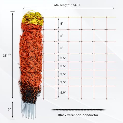 Electric Netting 35.4"H x 164'L | with Posts and Double-Spiked Stakes, Portable Electric Fence Netting for Backyards, Homesteads, Gardens, Farms, and Ranches - size: 35.4"H x 164'L