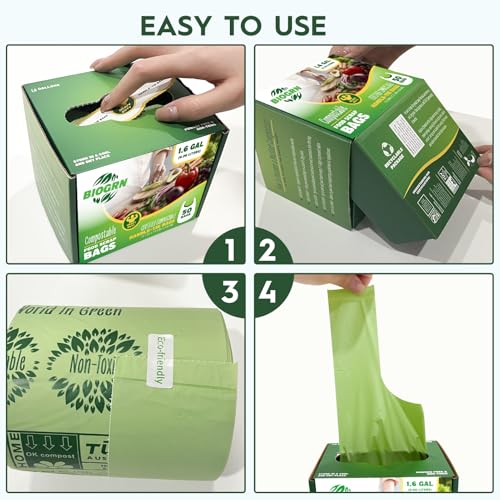 Compostable Trash Bags 1.2-1.6 Gallon Handle Tie 50 Count 0.6 Mil 6.06 Liter Small Compost Bags for Countertop Bin Biodegradable Bags Green for Kitchen ASTM D6400 & BPI Certified, OK Compost Home - color: 1.6 Gallon Handle Tie, 50 Count