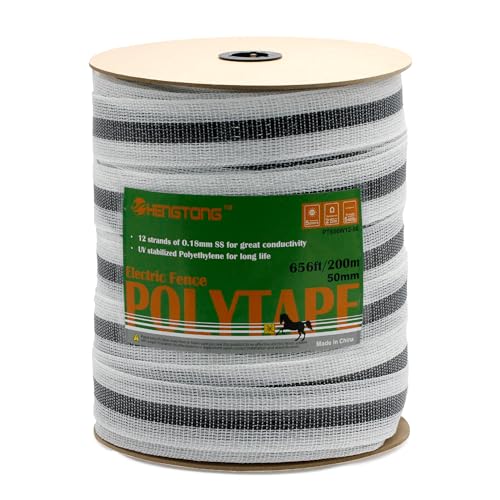 Electric Fence Poly Tape Horse Fencing Tape 656 Feet 200m, 2 Inch 50mm Width, 12 x 0.18mm Stainless Steel Conductors, White and Gray | 12 x 0.18mm stainless steel conductors, 200m length, white & gray durable tape for horse fencing