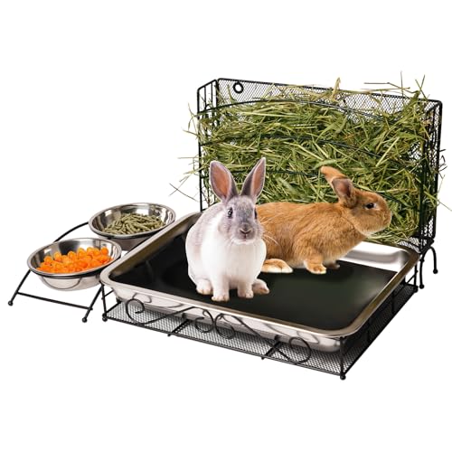 3 in 1 Rabbit Hay Feeder with Litter Box, Rabbit Feeder for Cages | Large Capacity Rabbit Feeder with 2 Stainless Steel Bowls, Litter Box for Guinea Pig Chinchilla Bunny Other Small Animals