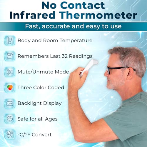 Vive No-Touch Forehead Thermometer - No Contact Infrared Digital | Thermometer for Adults, Kids, Babies, & Objects - Touchless, Accurate Temporal Fever Sensor - Fast, Memory Recall, Large