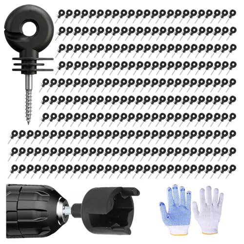 210PCS Upgraded Black Electric Fence Insulators,1 Pc Free Insulator Socket Tool,and 1 Gloves,Screw in Ring Insulators for Farm Animal Fencing(Grid System Accessories for Animal Husbandry Electronic)